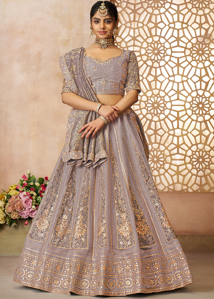 3 Pc Purple Net Semi Stitched Lehenga Set