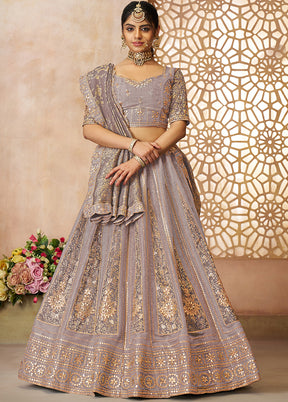 3 Pc Purple Net Semi Stitched Lehenga Set