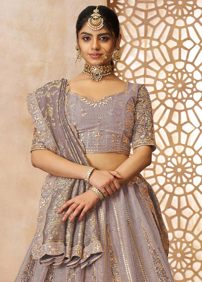 3 Pc Purple Net Semi Stitched Lehenga Set