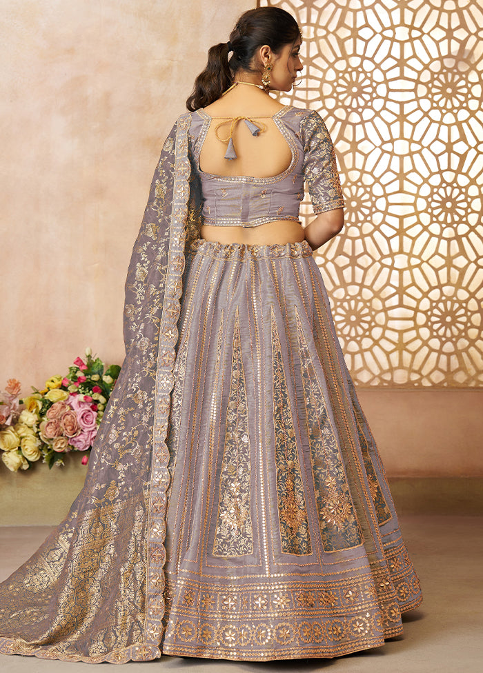 3 Pc Purple Net Semi Stitched Lehenga Set