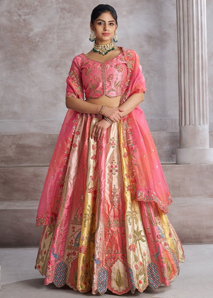 3 Pc Pink Silk Semi Stitched Lehenga Set