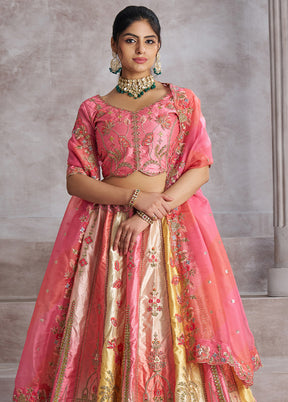 3 Pc Pink Silk Semi Stitched Lehenga Set