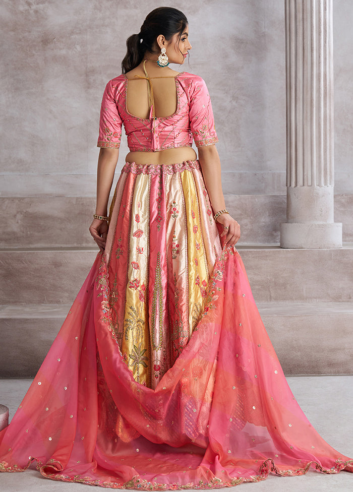 3 Pc Pink Silk Semi Stitched Lehenga Set