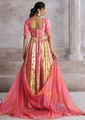 3 Pc Pink Silk Semi Stitched Lehenga Set