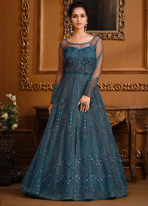 3 Pc Semi Stitched Teal Blue Net Suit Set VDKSH110327 - Indian Silk House Agencies