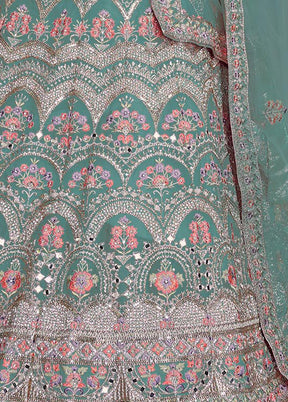 3 Pc Turquoise Organza Embroidered Lehenga Set - Indian Silk House Agencies