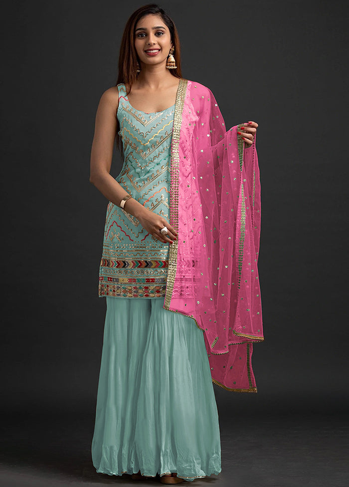 3 Pc Sky Blue Georgette Suit Set With Dupatta VDKSH810246 - Indian Silk House Agencies