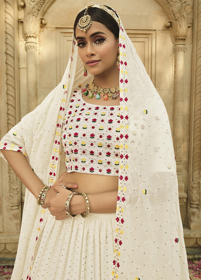 White Semi Stitched Lehenga Choli Set With Dupatta - Indian Silk House Agencies