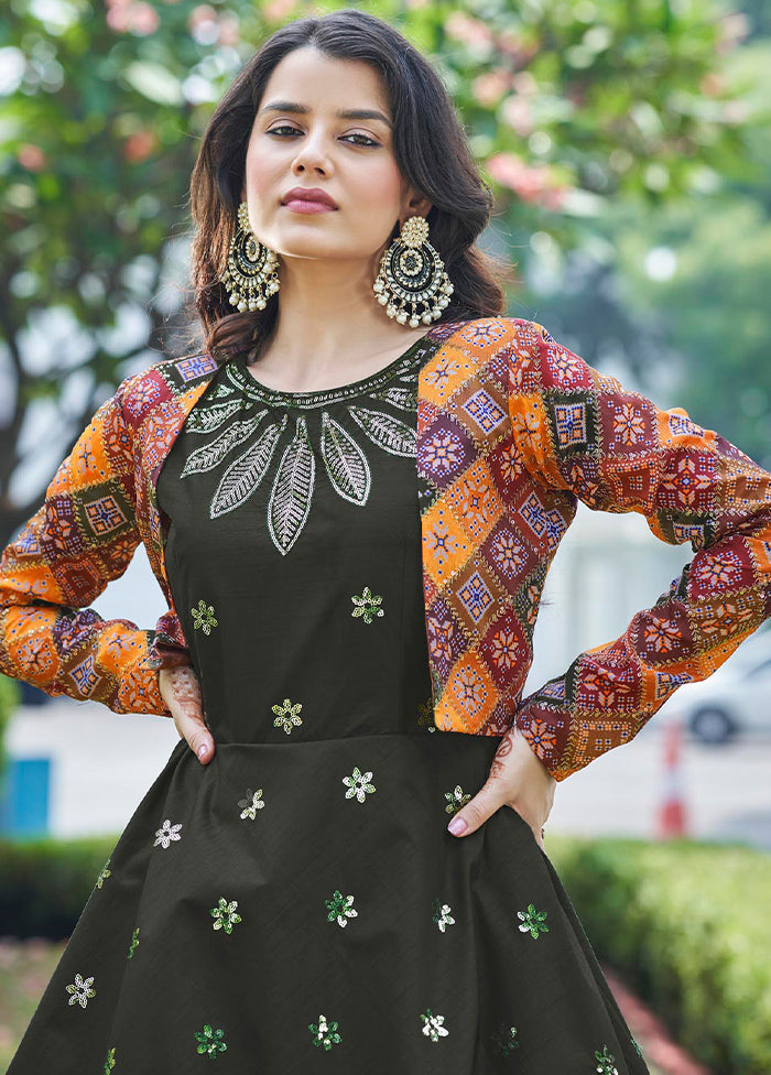 Brown Cotton Long Dress With Attached Koti Jacket