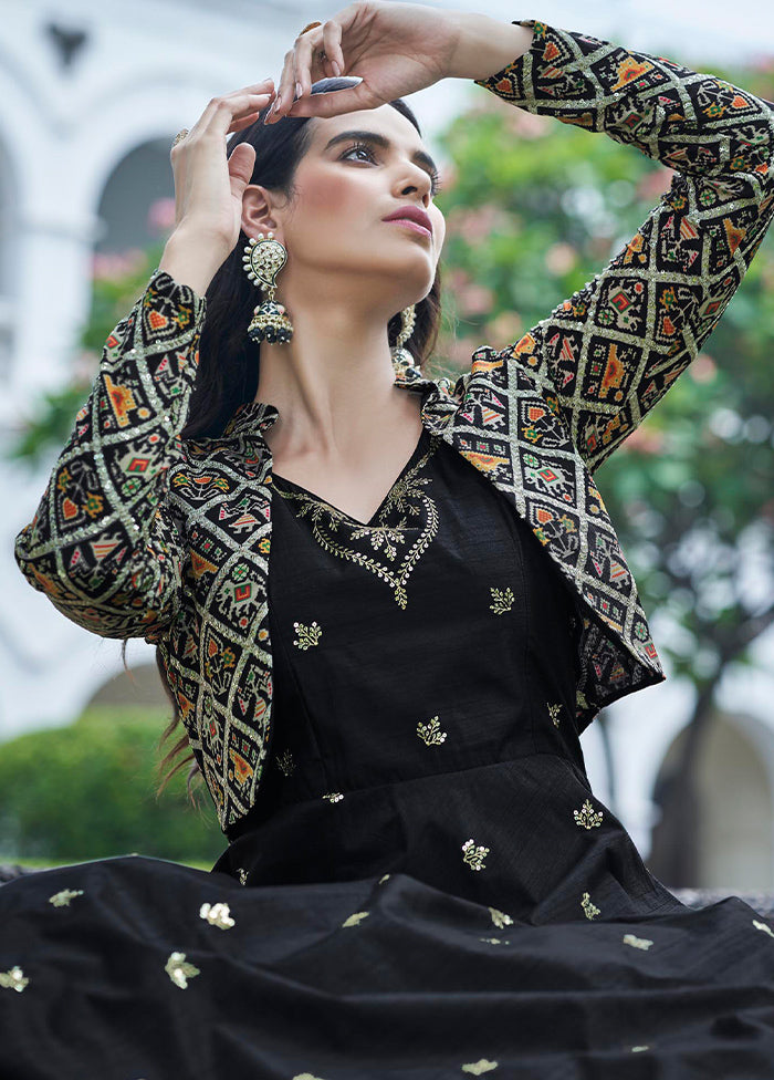 Black Cotton Long Dress With Attached Koti Jacket