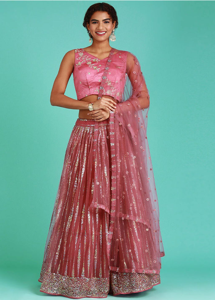 Pink Semi Stitched Net Lehenga Choli Set With Dupatta - Indian Silk House Agencies
