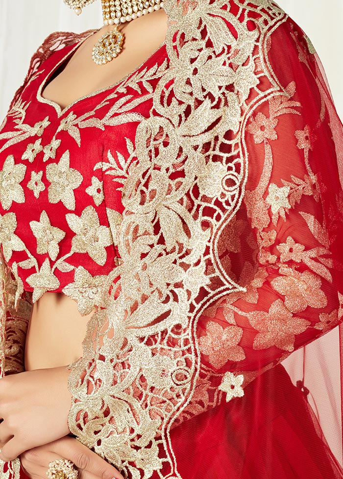 Red Semi Stitched Net Lehenga Choli Set With Dupatta - Indian Silk House Agencies