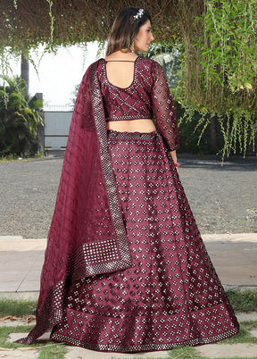 Wine Semi Stitched Net Lehenga Choli Set With Dupatta - Indian Silk House Agencies