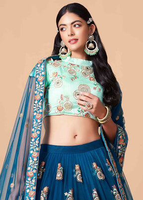 Teal Blue Semi Stitched Net Embroidered Lehenga Choli Set With Dupatta - Indian Silk House Agencies