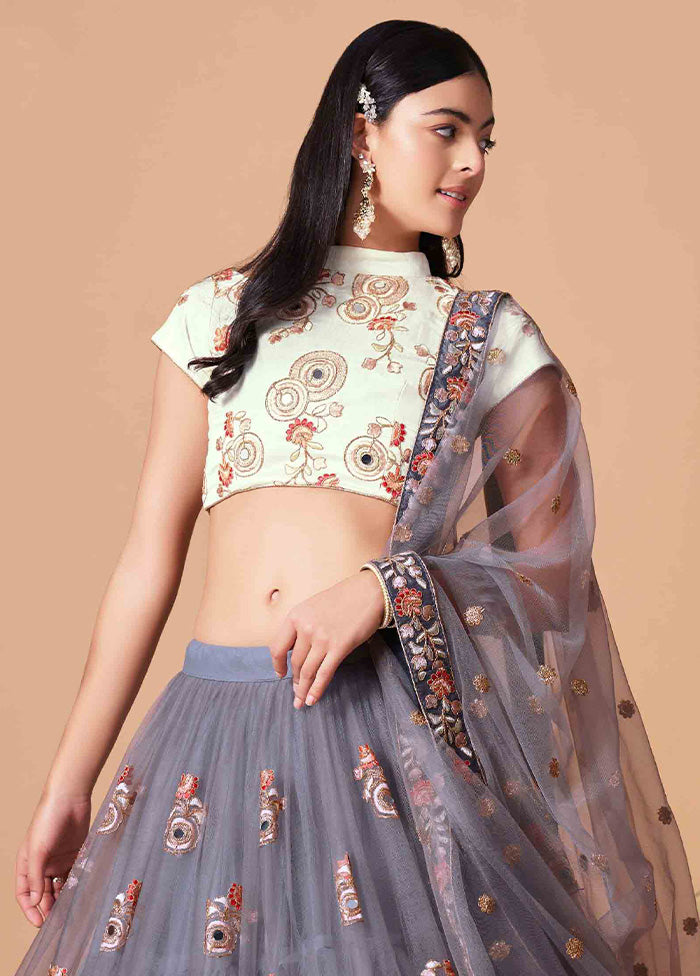 Grey Semi Stitched Net Embroidered Lehenga Choli Set With Dupatta - Indian Silk House Agencies