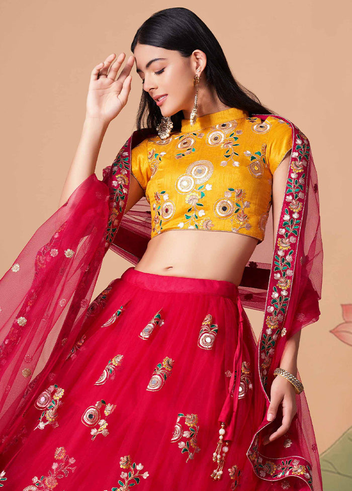 Red Semi Stitched Net Embroidered Lehenga Choli Set With Dupatta - Indian Silk House Agencies