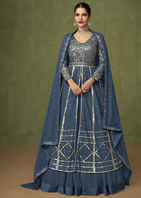 3 Pc Blue Georgette Suit Set With Dupatta VDKSH2103237 - Indian Silk House Agencies