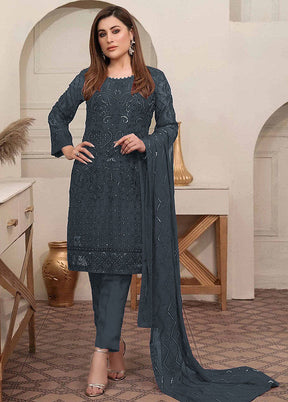 3 Pc Grey Georgette Suit Set With Dupatta VDKSH2103246 - Indian Silk House Agencies