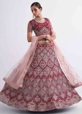 Red Semi Stitched Net Lehenga Choli Set With Dupatta - Indian Silk House Agencies