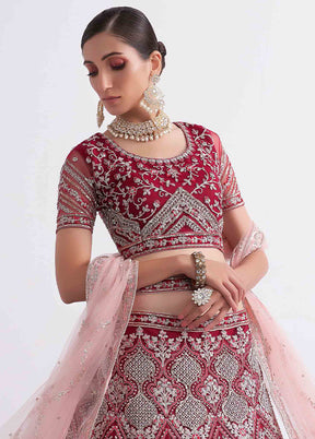 Red Semi Stitched Net Lehenga Choli Set With Dupatta - Indian Silk House Agencies