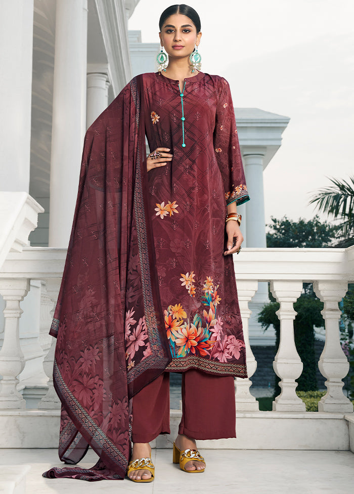 3 Pc Wine Unstitched Digital Print Silk Suit Set VDKSH02052087 - Indian Silk House Agencies