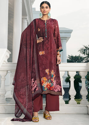3 Pc Wine Unstitched Digital Print Silk Suit Set VDKSH02052087 - Indian Silk House Agencies