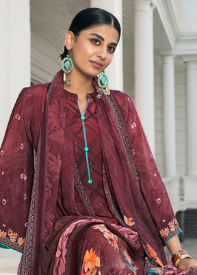 3 Pc Wine Unstitched Digital Print Silk Suit Set VDKSH02052087 - Indian Silk House Agencies