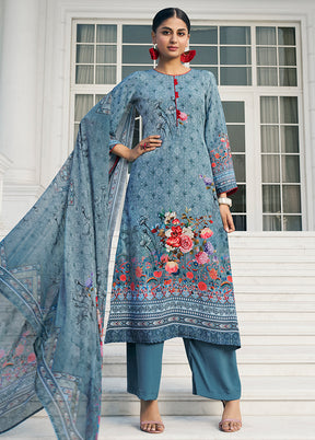 3 Pc Sky Blue Unstitched Digital Print Silk Suit Set VDKSH02052088 - Indian Silk House Agencies