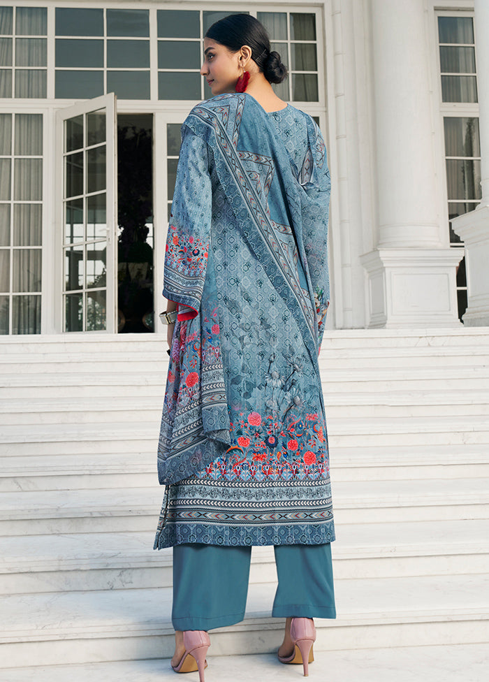 3 Pc Sky Blue Unstitched Digital Print Silk Suit Set VDKSH02052088 - Indian Silk House Agencies