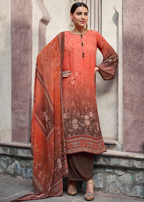 3 Pc Orange Unstitched Digital Print Silk Suit Set VDKSH02052089 - Indian Silk House Agencies
