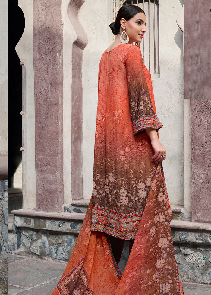 3 Pc Orange Unstitched Digital Print Silk Suit Set VDKSH02052089 - Indian Silk House Agencies
