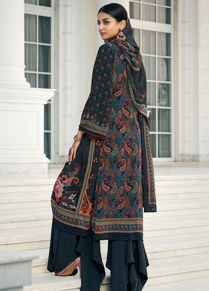 3 Pc Navy Blue Unstitched Digital Print Silk Suit Set VDKSH02052090 - Indian Silk House Agencies