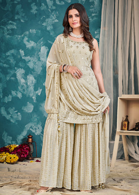 3 Pc Cream Embroidered Sharrara Set VDKSH02052063 - Indian Silk House Agencies