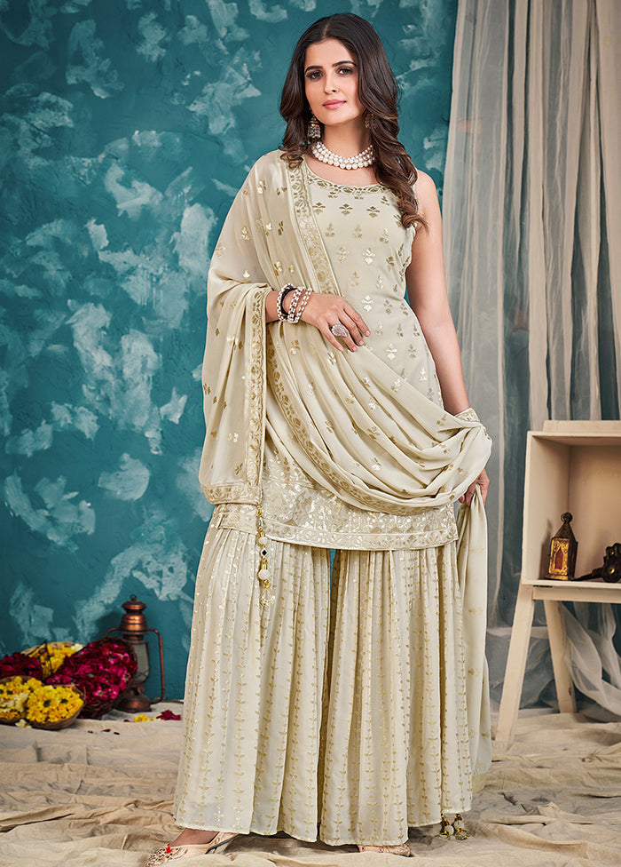 3 Pc Cream Embroidered Sharrara Set VDKSH02052063 - Indian Silk House Agencies