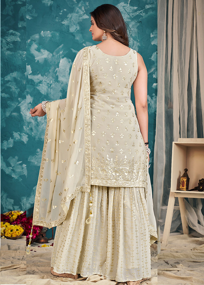 3 Pc Cream Embroidered Sharrara Set VDKSH02052063 - Indian Silk House Agencies