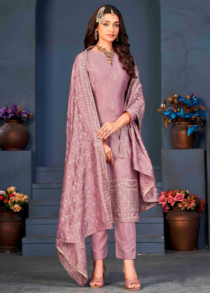 3 Pc Purple Semi Stitched Silk Jacquard Work Suit Set VDKSH06052041 - Indian Silk House Agencies