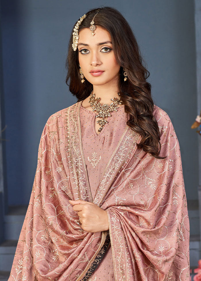 3 Pc Brown Semi Stitched Silk Jacquard Work Suit Set VDKSH06052042 - Indian Silk House Agencies