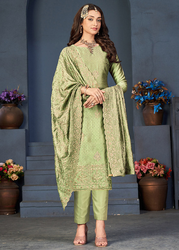 3 Pc Pista Green Semi Stitched Silk Suit Set VDKSH0805042 - Indian Silk House Agencies