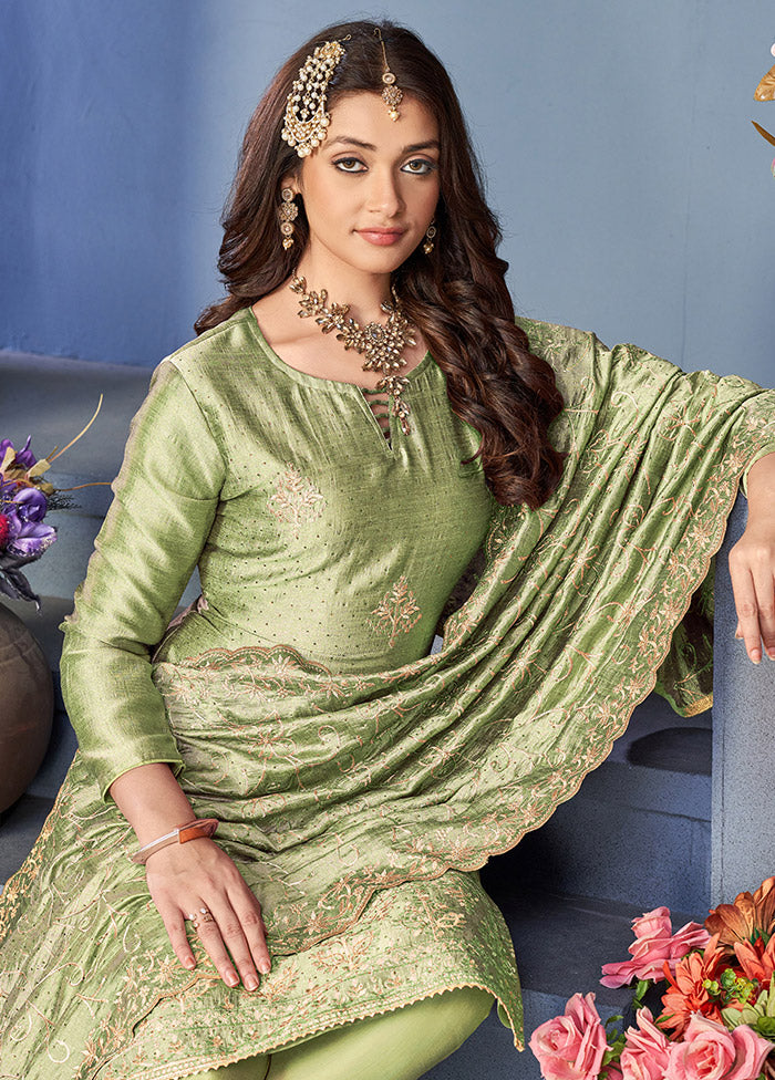 3 Pc Pista Green Semi Stitched Silk Suit Set VDKSH0805042 - Indian Silk House Agencies