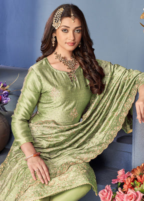3 Pc Pista Green Semi Stitched Silk Suit Set VDKSH0805042 - Indian Silk House Agencies