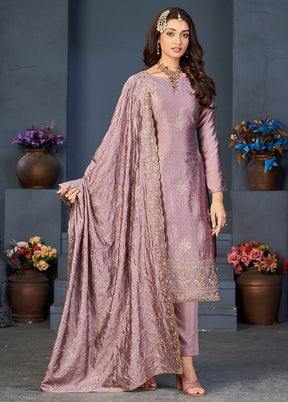 3 Pc Purple Semi Stitched Silk Suit Set VDKSH0805043 - Indian Silk House Agencies