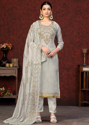 3 Pc Grey Unstitched Silk Hand Suit Set VDKSH20052055 - Indian Silk House Agencies