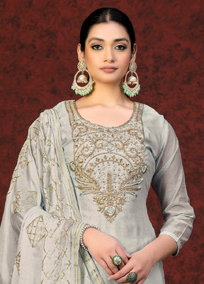 3 Pc Grey Unstitched Silk Hand Suit Set VDKSH20052055 - Indian Silk House Agencies