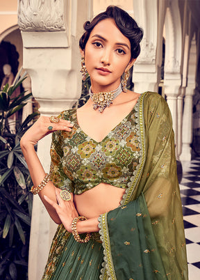 3 Pc Green Semi Stitched Silk Lehenga Set - Indian Silk House Agencies