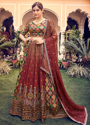 3 Pc Maroon Semi Stitched Silk Lehenga Set - Indian Silk House Agencies