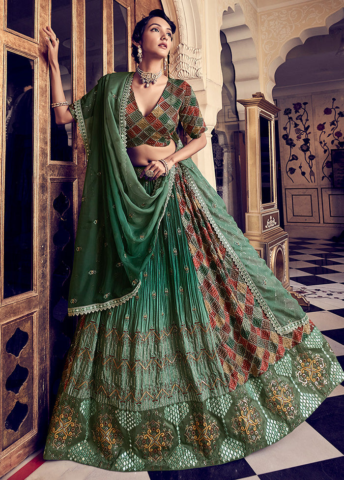 3 Pc Sea Green Semi Stitched Silk Lehenga Set - Indian Silk House Agencies