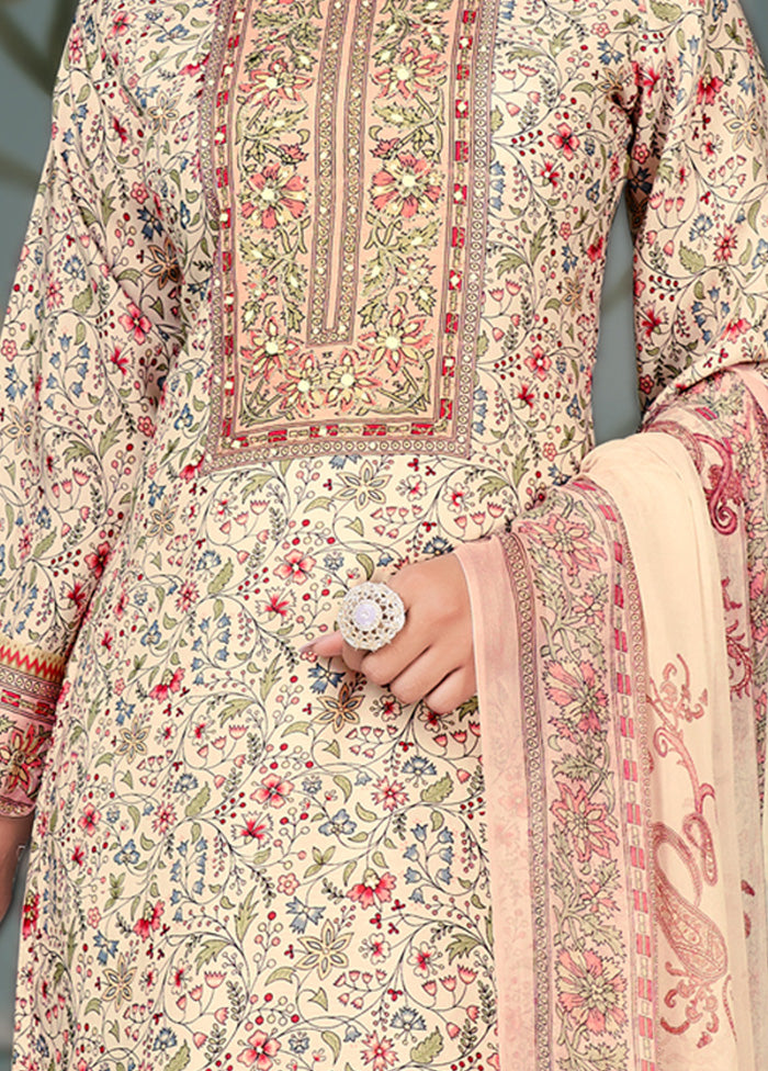 3 Pc Cream Unstitched Silk Suit Set VDKSH25052075 - Indian Silk House Agencies