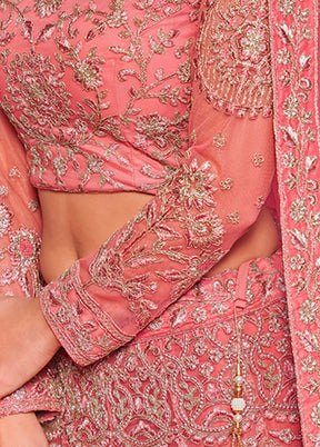 3 Pc Pink Semi Stitched Pure Net Lehenga Set - Indian Silk House Agencies