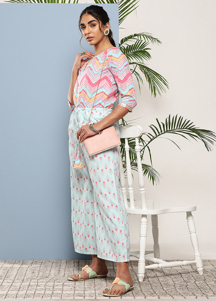 Sky Blue Silk Printed Jumpsuit Set VDKSH02062079 - Indian Silk House Agencies