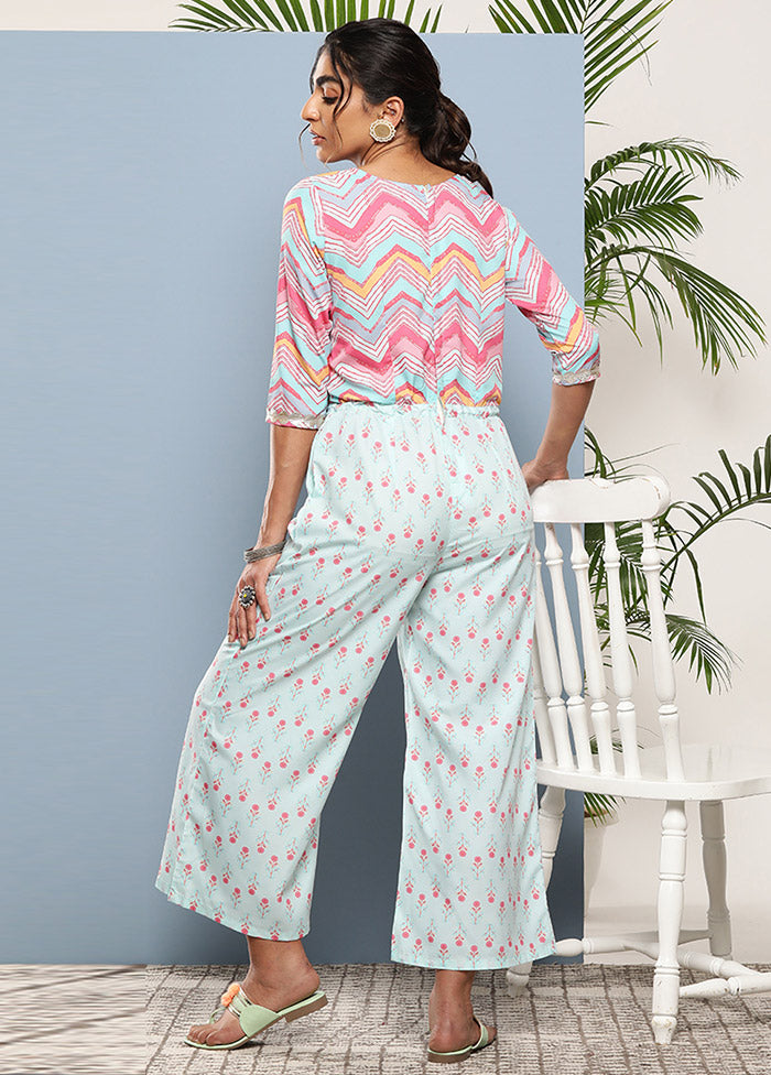 Sky Blue Silk Printed Jumpsuit Set VDKSH02062079 - Indian Silk House Agencies